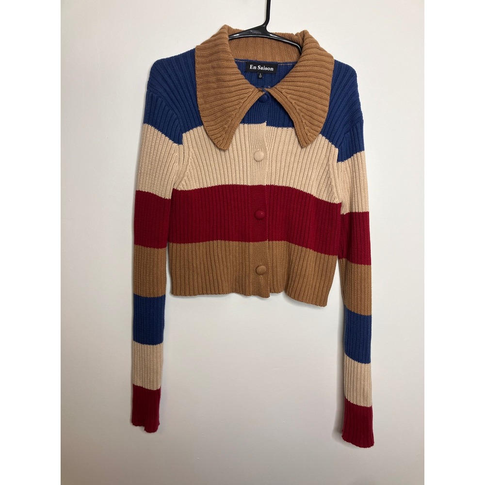 En Saison Cardigan Women L Multicolor Excellent Ribbed Knit Cropped Collared